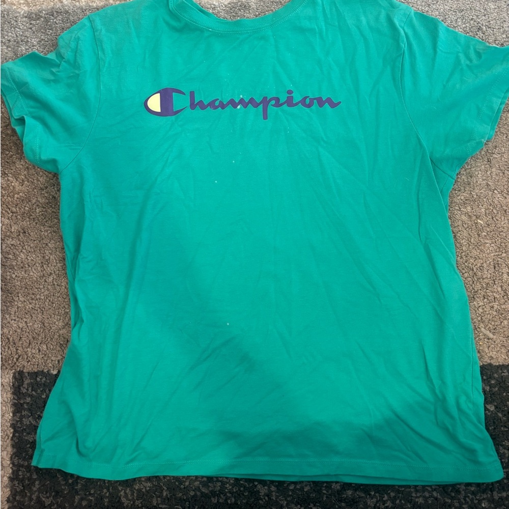 Champion Teal Short Sleeve Tee with Purple Logo and Yellow Accent